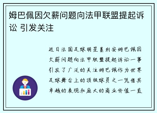 姆巴佩因欠薪问题向法甲联盟提起诉讼 引发关注