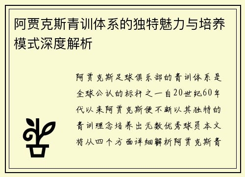 阿贾克斯青训体系的独特魅力与培养模式深度解析