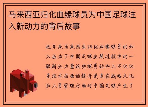 马来西亚归化血缘球员为中国足球注入新动力的背后故事
