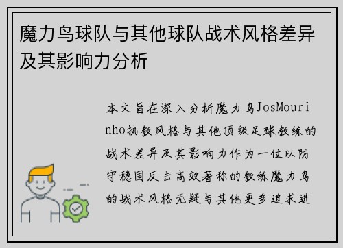魔力鸟球队与其他球队战术风格差异及其影响力分析